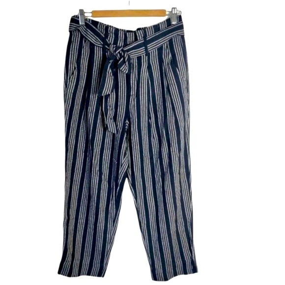 Loft Linen Pant Women's 12 Navy/White Striped High Waist - Picture 1 of 5